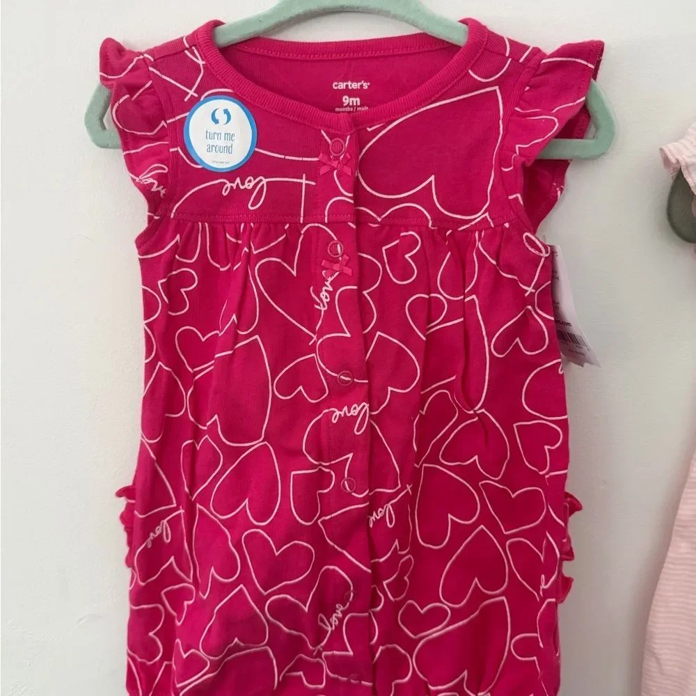 Carter's Pink Heart Matching rompers size 9M new with tags